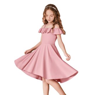 Oudiya Girls Off Shoulder Flutter Sleeve A Line Dress with Pockets