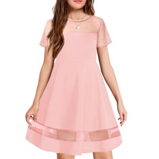 Oudiya Girls Polka Dot Mesh A Line Party Dress with Pockets Pink Size 5 6Y