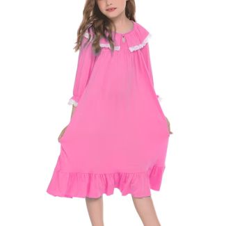 Oudiya Girls Long Sleeve Ruffle Hem Princess Nightgown MediumVioletRed Size 4 5Y