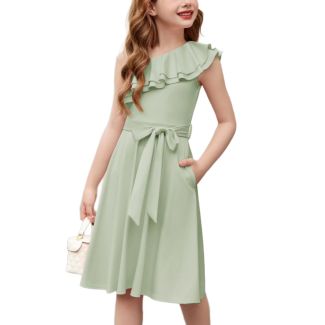 Oudiya Girls One Shoulder Ruffle A Line Party Dress with Belt Green Size 5 6Y