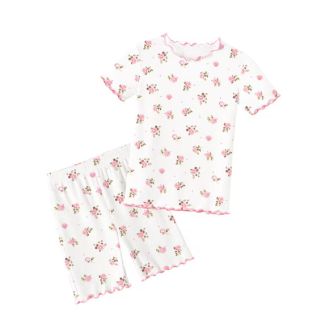 Oudiya Girls Lettuce Trim Short Sleeve Pajama Set Snow Size 2T