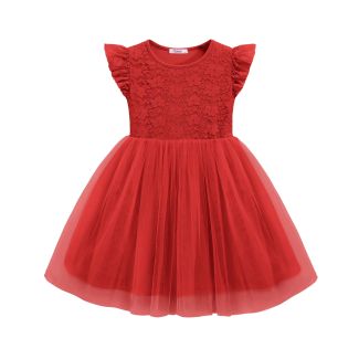 Oudiya Toddler Girls Ruffle Sleeve Three Layer Tulle Tutu Dress Red Size 2T