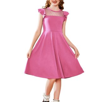 Oudiya Girls Ruffle Sleeve Polka Dot Mesh A Line Dress with Pockets Pink Size 6 7Y