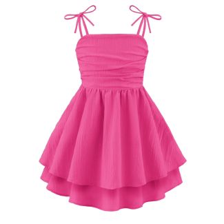 Oudiya Girls Ruched Spaghetti Strap Ruffle Midi Sundress HotPink Size 6 7Y