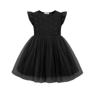Oudiya Toddler Girls Ruffle Sleeve Three Layer Tulle Tutu Dress Black Size 2T
