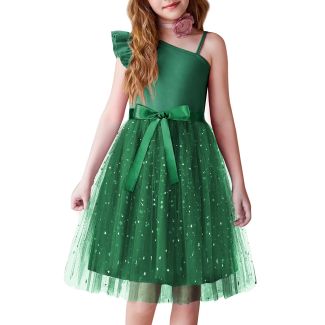 Oudiya Girls One Shoulder Sequin Tulle Party Dress with Belt Green Size 5 6
