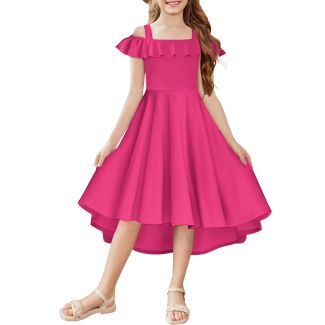 Oudiya Girls Off Shoulder Flutter Sleeve A Line Dress with Pockets HotPink Size 8 9Y
