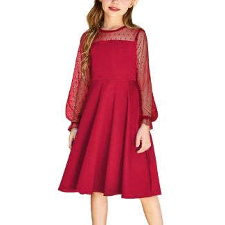 Oudiya Girls Puff Lantern Sleeve Mesh Party Dress with Pockets Red Size 6 7Y