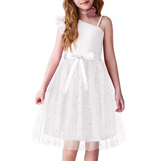 Oudiya Girls One Shoulder Sequin Tulle Party Dress with Belt White Size 5 6
