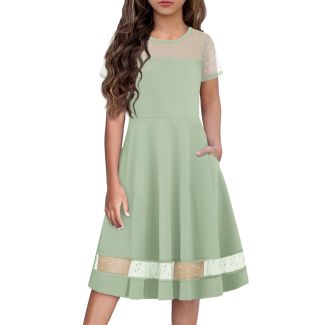 Oudiya Girls Polka Dot Mesh A Line Party Dress with Pockets DarkSeaGreen Size 5 6Y