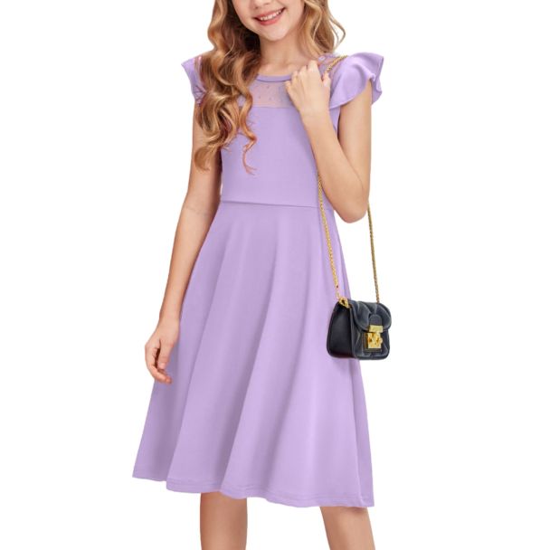 Oudiya Girls Ruffle Sleeve Polka Dot Mesh A Line Dress with Pockets