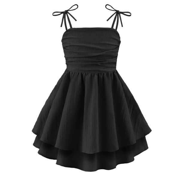 Oudiya Girls Ruched Spaghetti Strap Ruffle Midi Sundress