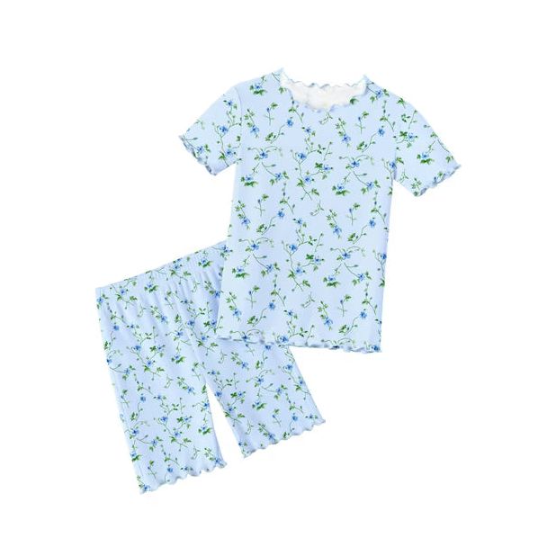 Oudiya Girls Lettuce Trim Short Sleeve Pajama Set