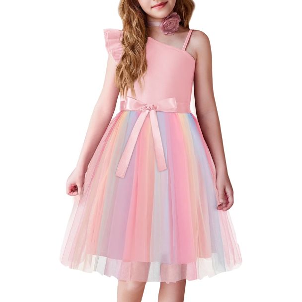 Oudiya Girls One Shoulder Sequin Tulle Party Dress with Belt