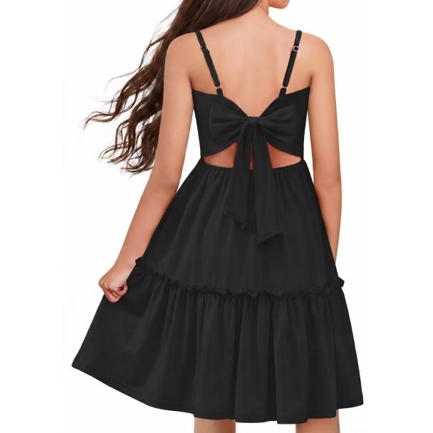Oudiya Girls Tie Back Ruffle Hem Sundress with Pockets