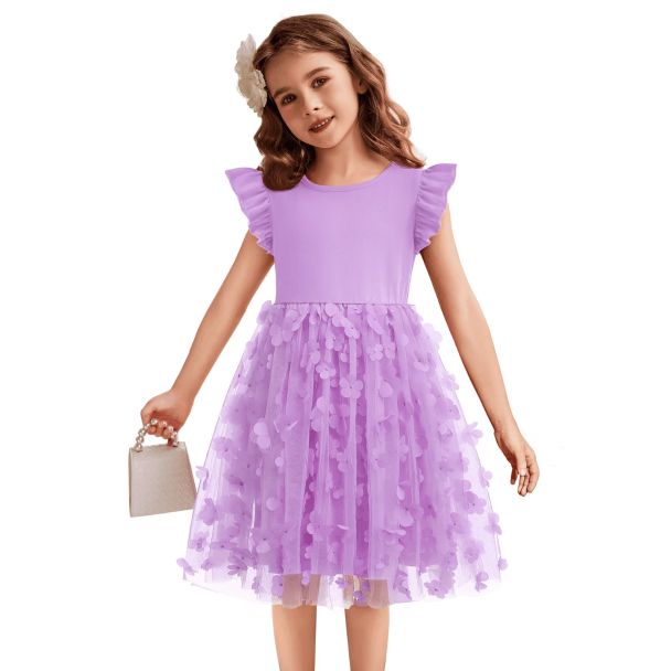 Oudiya Toddler Girls Flutter Sleeve Tulle Tutu Party Dress