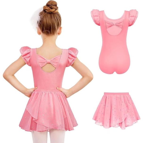 Oudiya Girls Bow Back Ballet Leotard and Removable Skirt Set