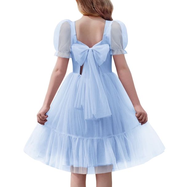 Oudiya Girls Puff Sleeve Tie Back Tulle Party Dress