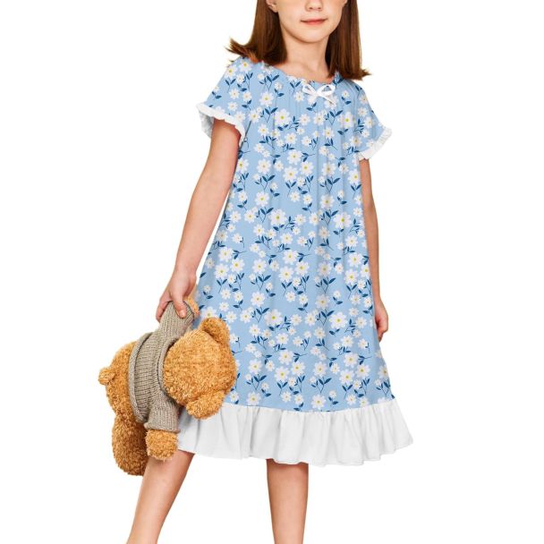 Oudiya Girls Ruffle Hem Bow Nightgown