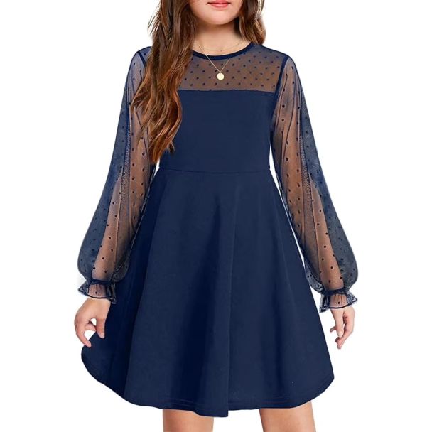 Oudiya Girls Puff Lantern Sleeve Mesh Party Dress with Pockets